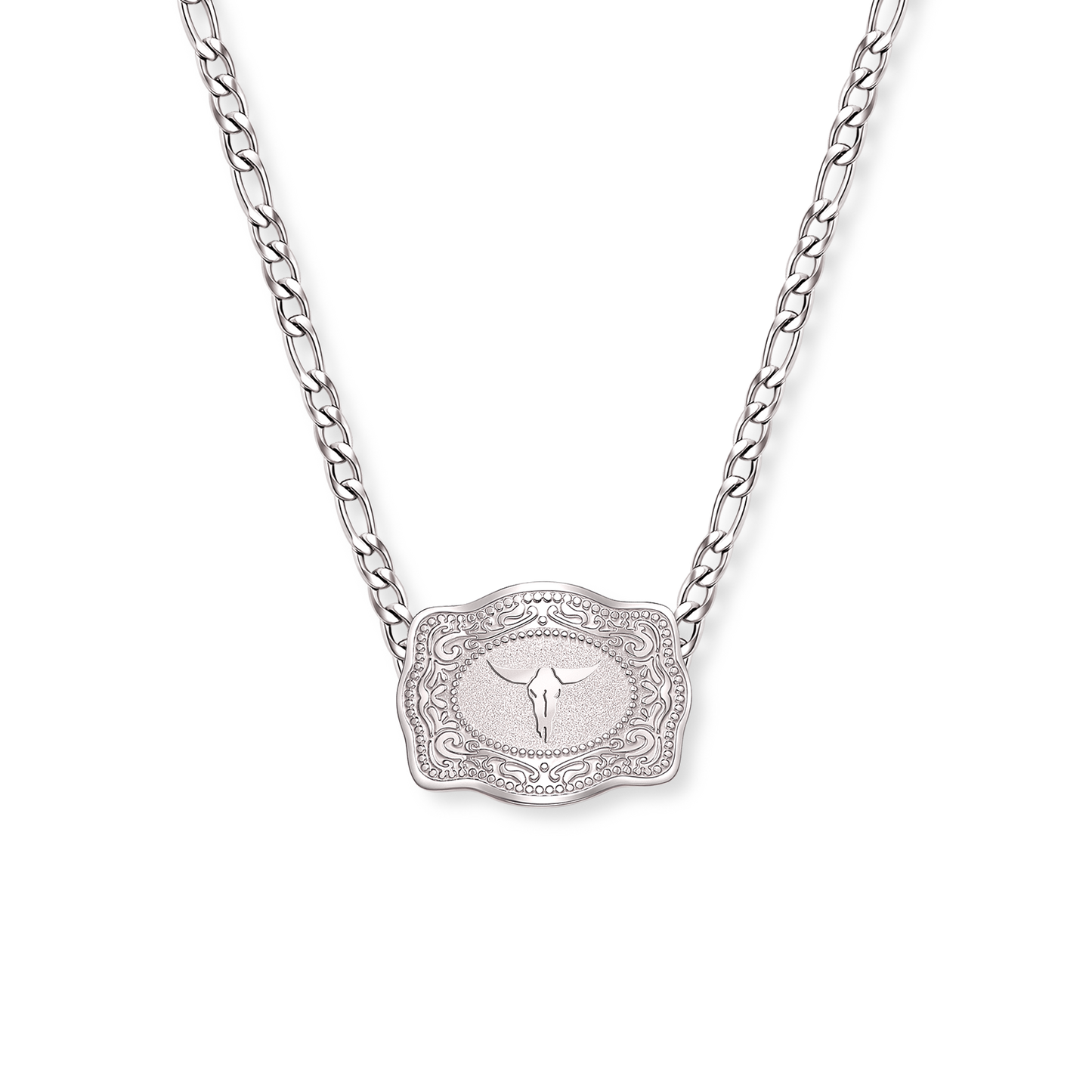 Longhorn mini silver belt buckle necklace with figaro chain - SpurWest western jewelry