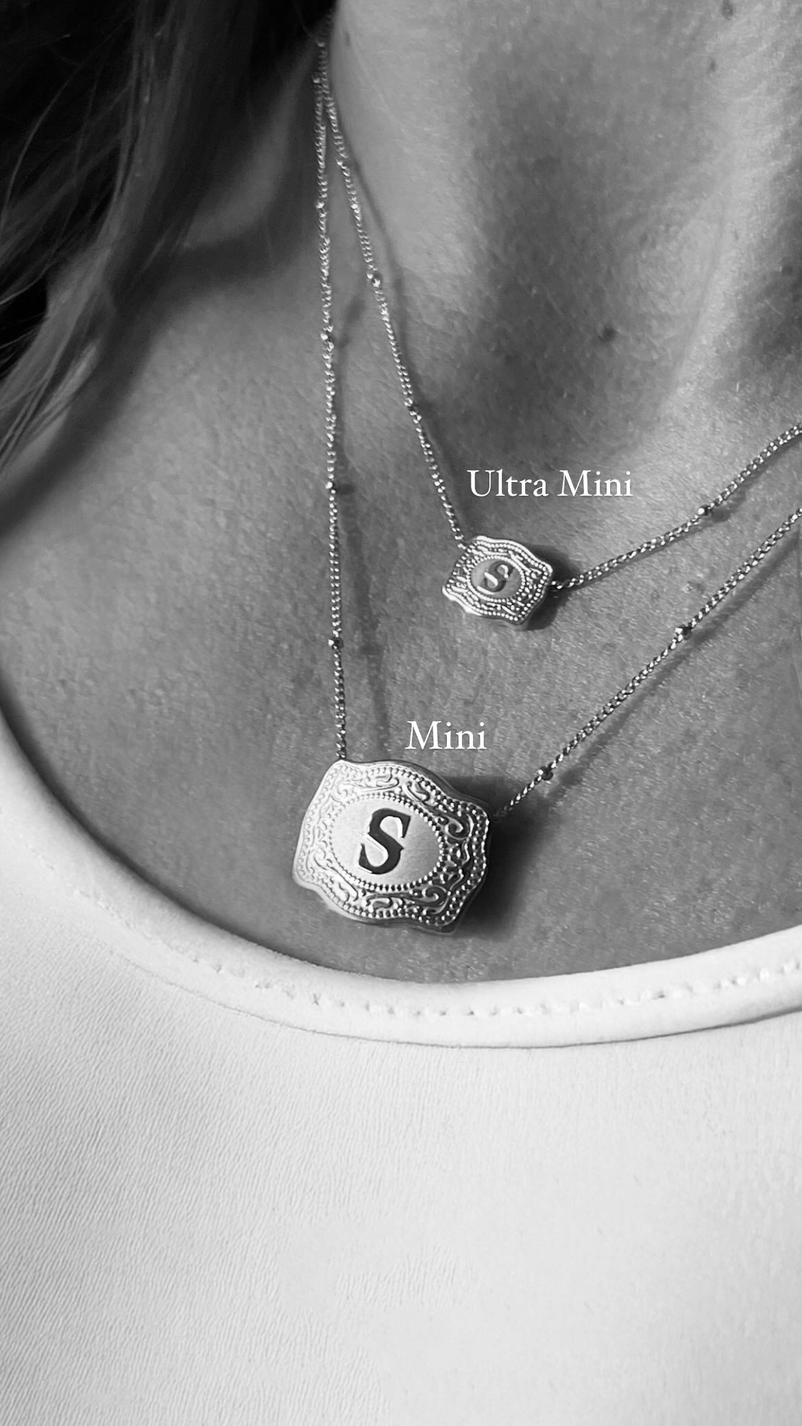 Woman wearing ultra mini silver belt buckle necklace - SpurWest western jewelry lifestyle