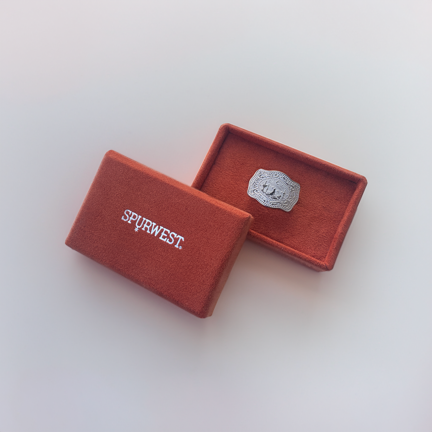 Lone Wolf mini belt buckle ring gift packaging - SpurWest western jewelry