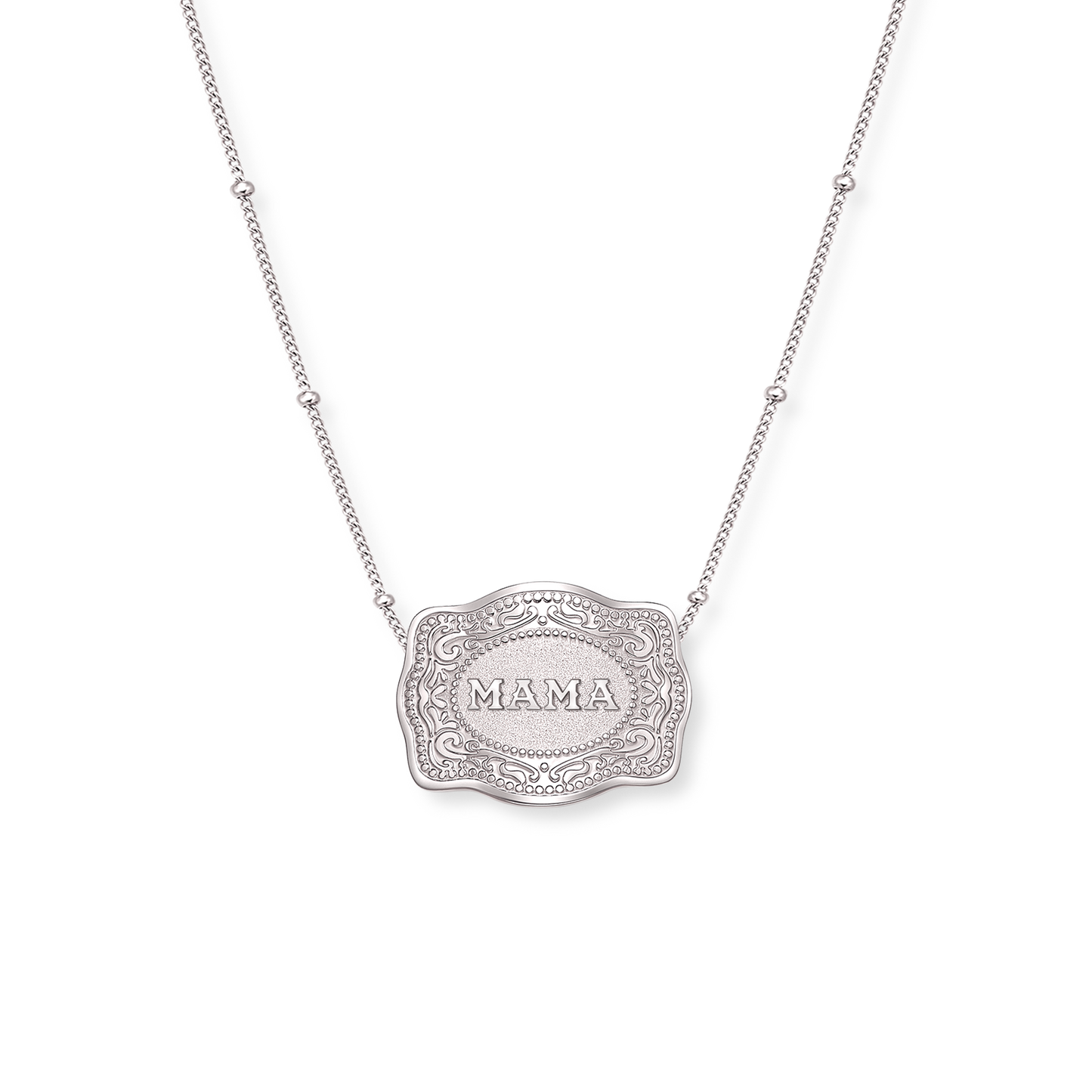 Mama mini silver belt buckle necklace with beaded chain - SpurWest western jewelry