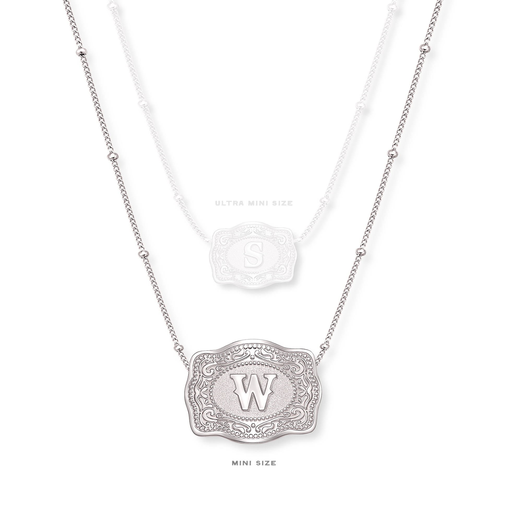 Size comparison of mini vs ultra mini silver belt buckle necklaces - SpurWest western jewelry