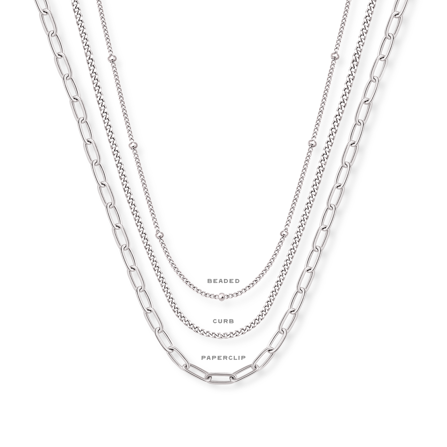 Silver chain options for belt buckle necklace - beaded, curb, and paperclip styles