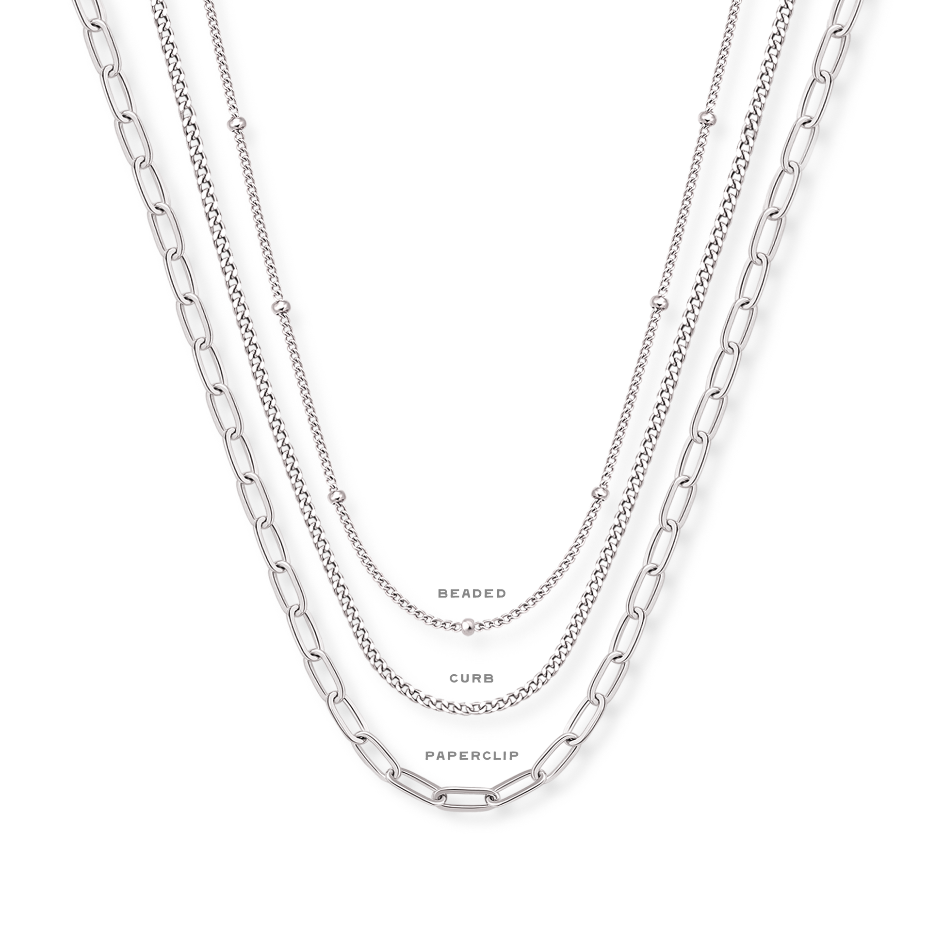Silver chain options for belt buckle necklace - beaded, curb, and paperclip styles