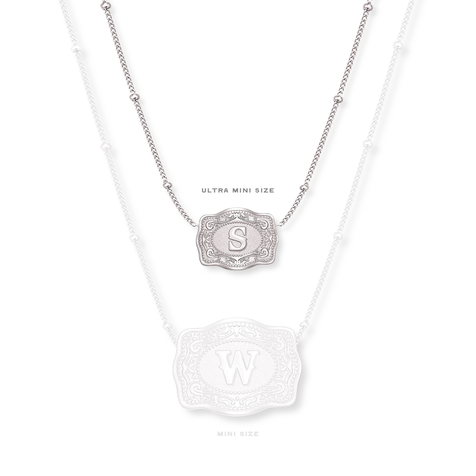 Size comparison of ultra mini vs mini silver belt buckle necklaces - SpurWest western jewelry