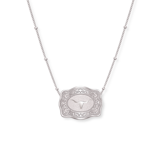Mini Belt Buckle Necklace (Longhorn) - Silver