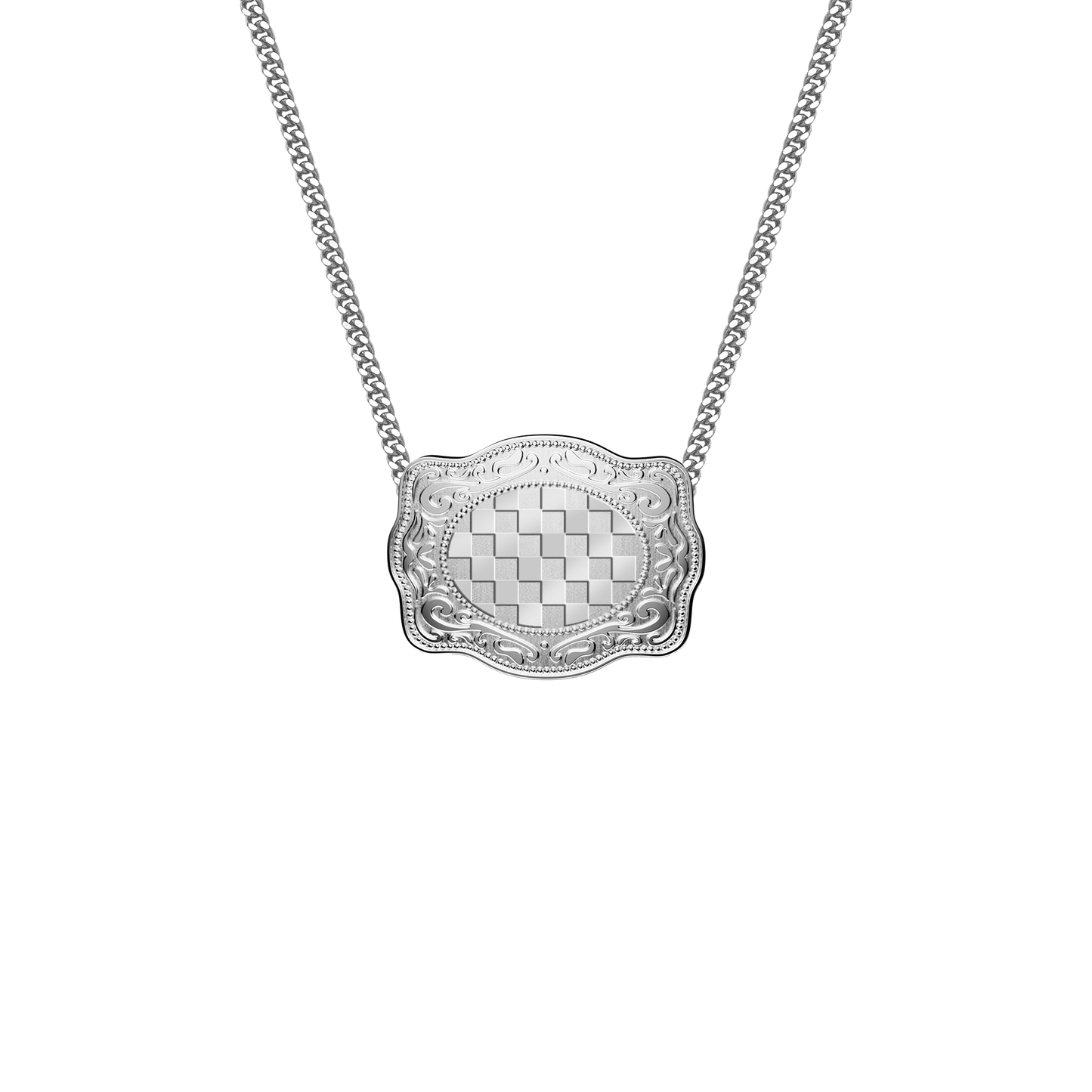 Mini Belt Buckle Necklace (Checkered) - Silver