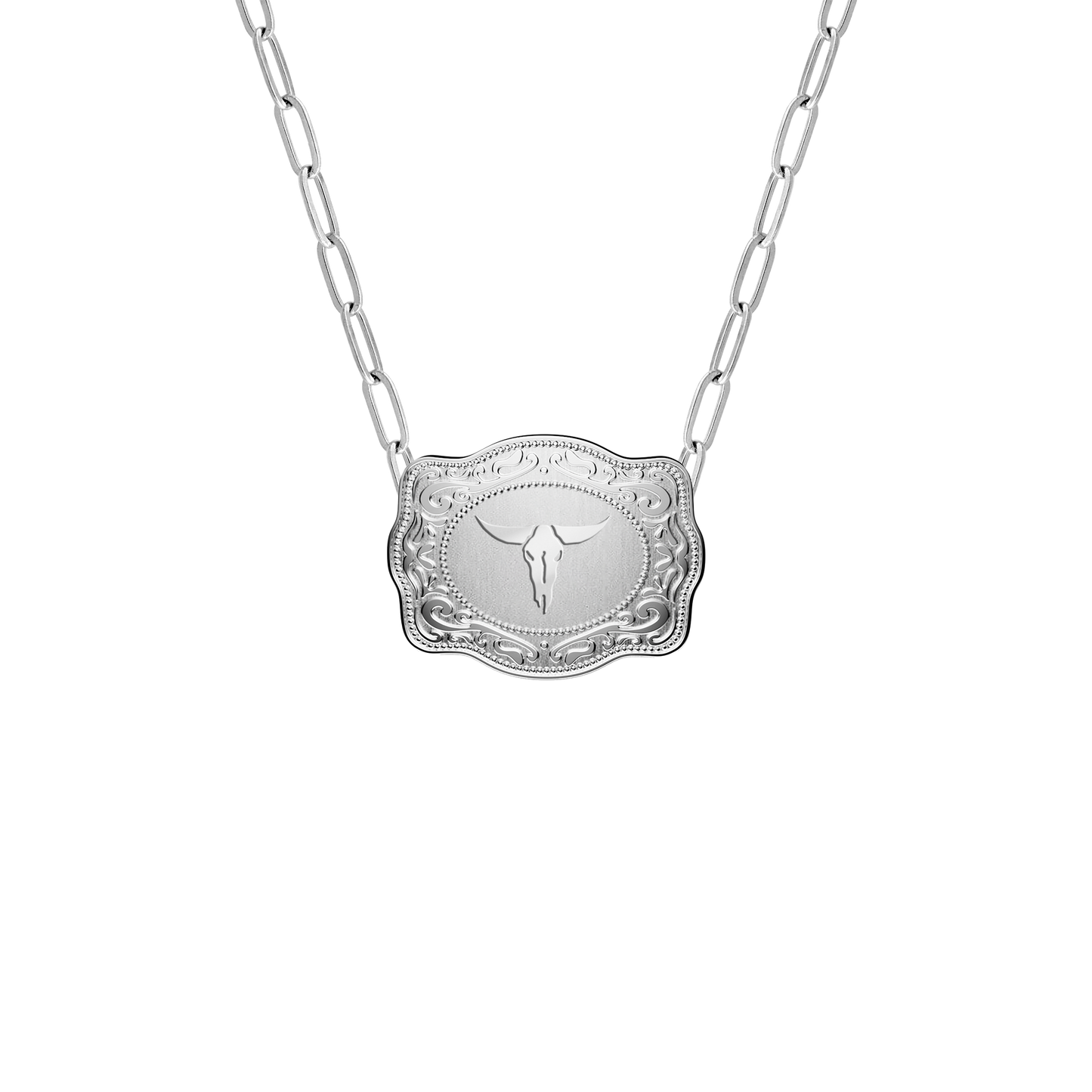 Mini Belt Buckle Necklace (Longhorn) - Silver