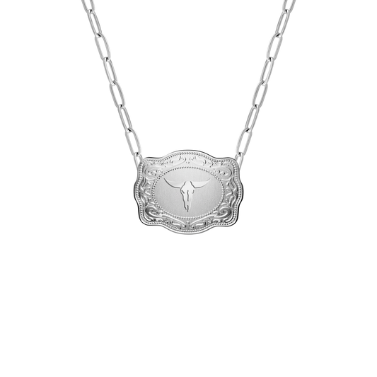 Mini Belt Buckle Necklace (Longhorn) - Silver